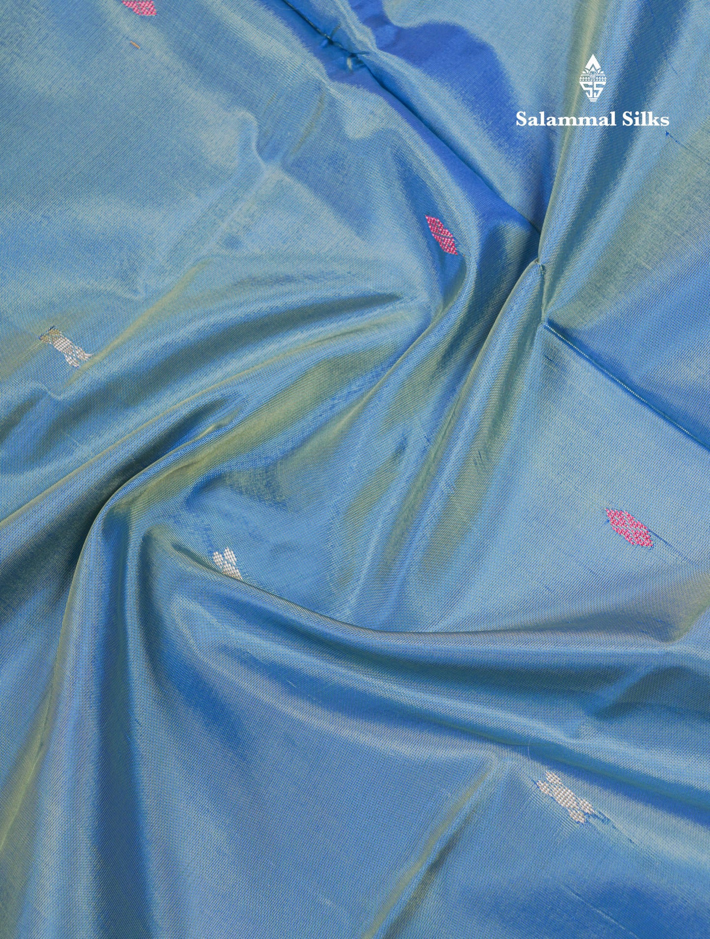 Pastel Blue Thread work Buttas Banana Pinth Saree (Vaazhainaar Pattu) With Contrast Pink Blouse