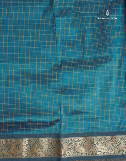 Semi Silk Saree - Teal Blue Colour Body Checks With Traditional Border | 9.5 Yards