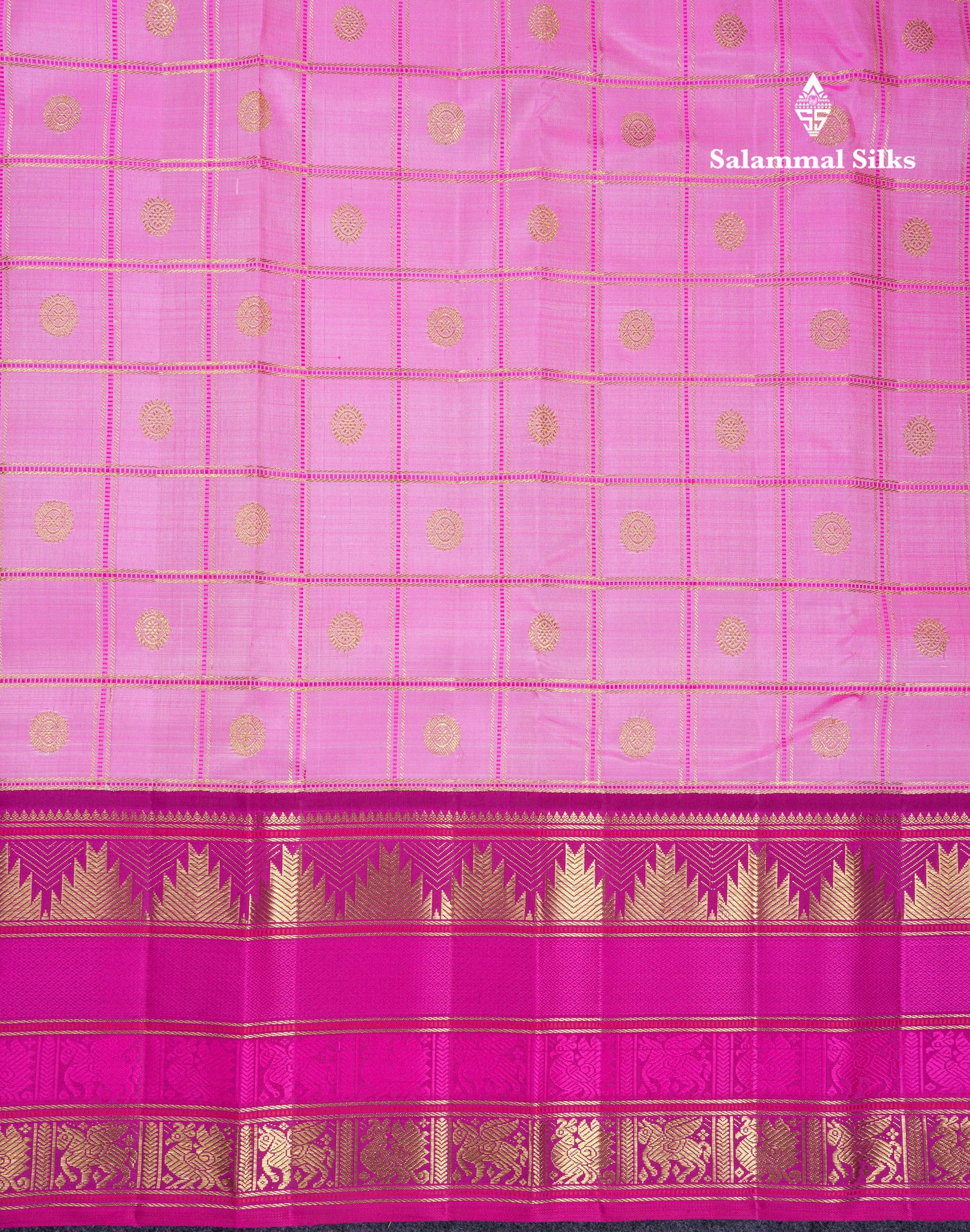 Beautiful Baby Pink Checks With Butta Pure Kanjivaram Silk Saree With Contrast Magenta Pink Traditional Long Border