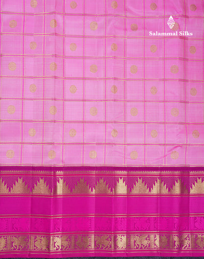 Beautiful Baby Pink Checks With Butta Pure Kanjivaram Silk Saree With Contrast Magenta Pink Traditional Long Border