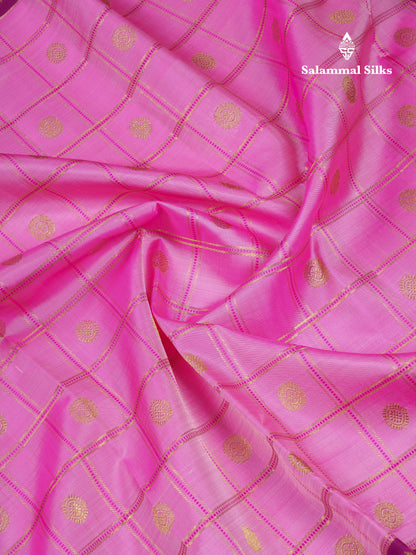 Beautiful Baby Pink Checks With Butta Pure Kanjivaram Silk Saree With Contrast Magenta Pink Traditional Long Border