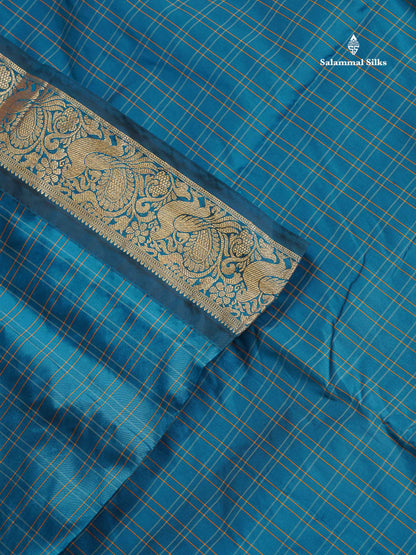 Semi Silk Saree - Teal Blue Colour Body Checks With Traditional Border | 9.5 Yards