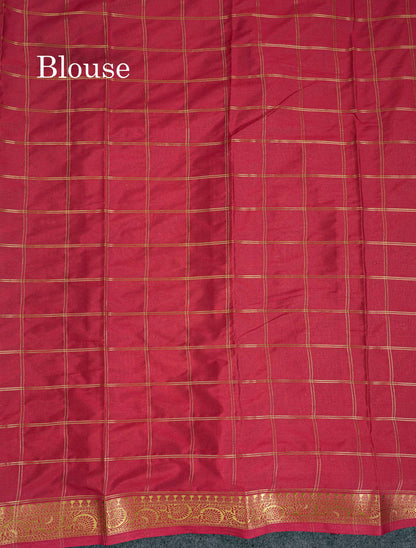 Beautiful Chilly Red Zari Checks Semi Mysore Silk Saree With Contrast Green Small Traditional Border