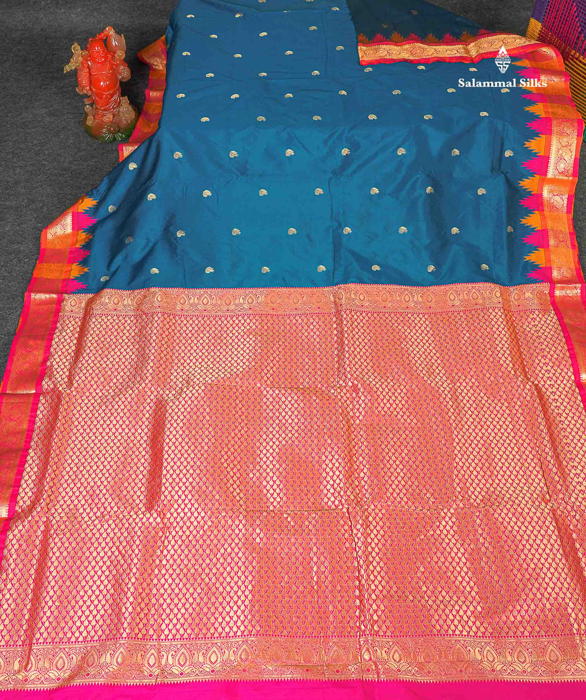 Semi Silk Saree - Petrol Blue Colour Body Zari Butta With Temple Border | 9.5 Yards