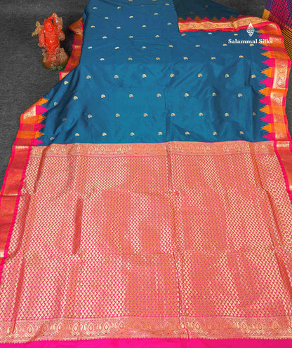 Semi Silk Saree - Petrol Blue Colour Body Zari Butta With Temple Border | 9.5 Yards