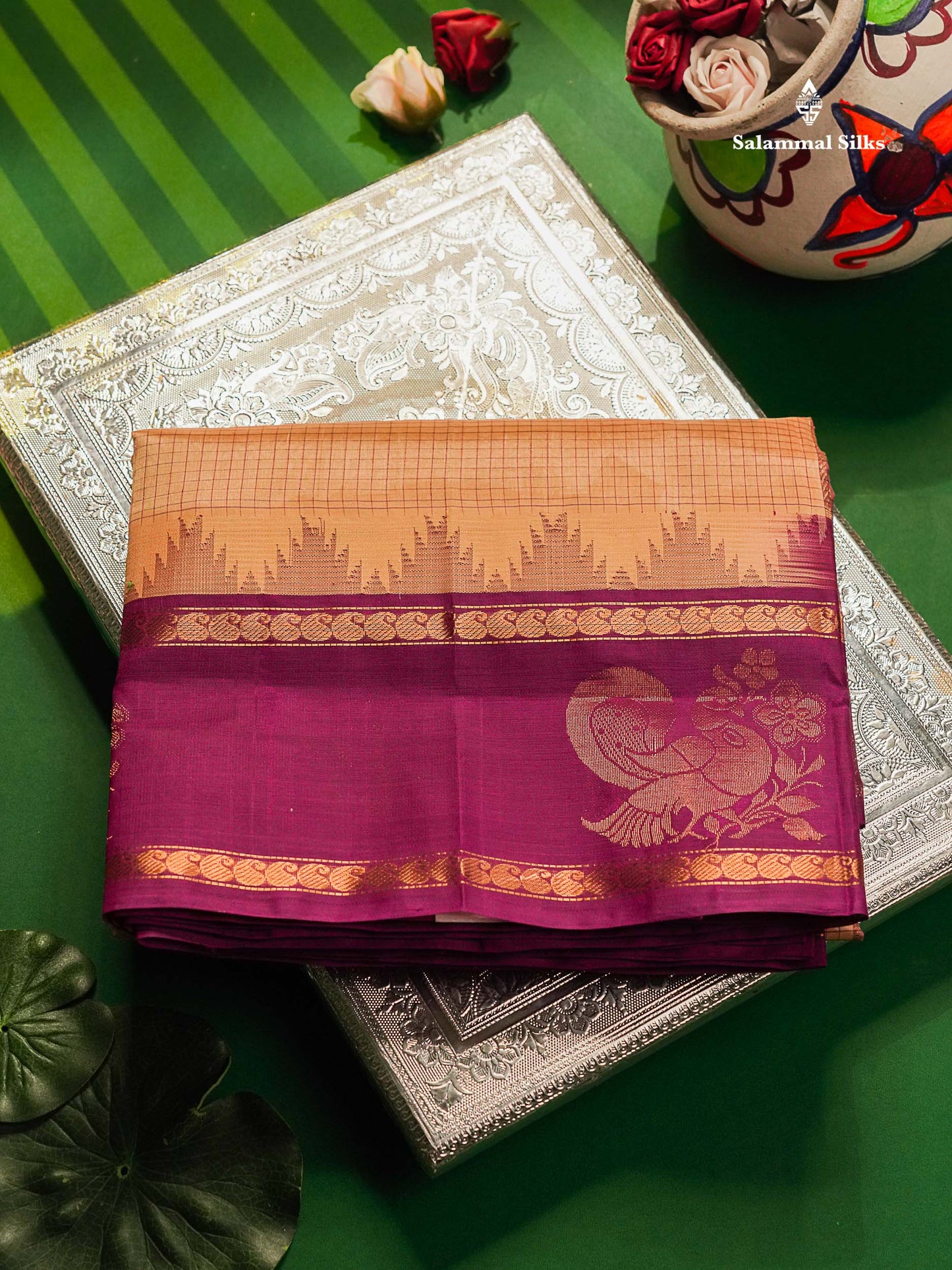 Pure Silk Cotton Saree -Sandal Colour Body Small Checks With Traditional Vadamalli Evening Morning Border