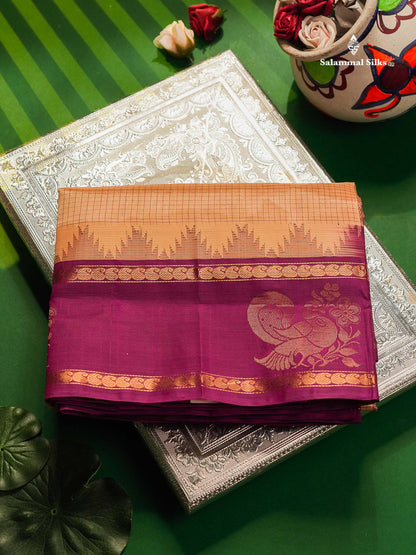 Pure Silk Cotton Saree -Sandal Colour Body Small Checks With Traditional Vadamalli Evening Morning Border