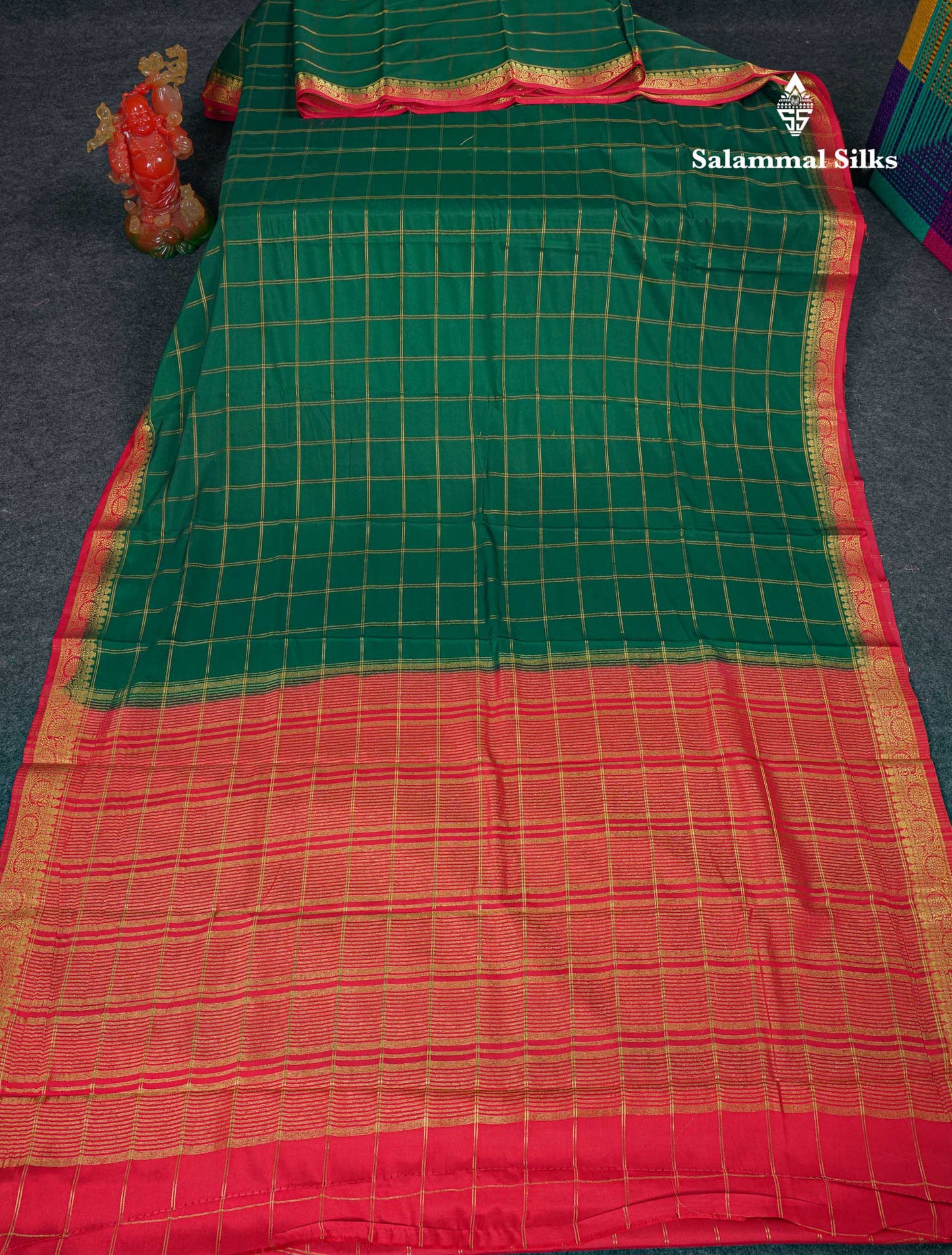 Beautiful Chilly Red Zari Checks Semi Mysore Silk Saree With Contrast Green Small Traditional Border