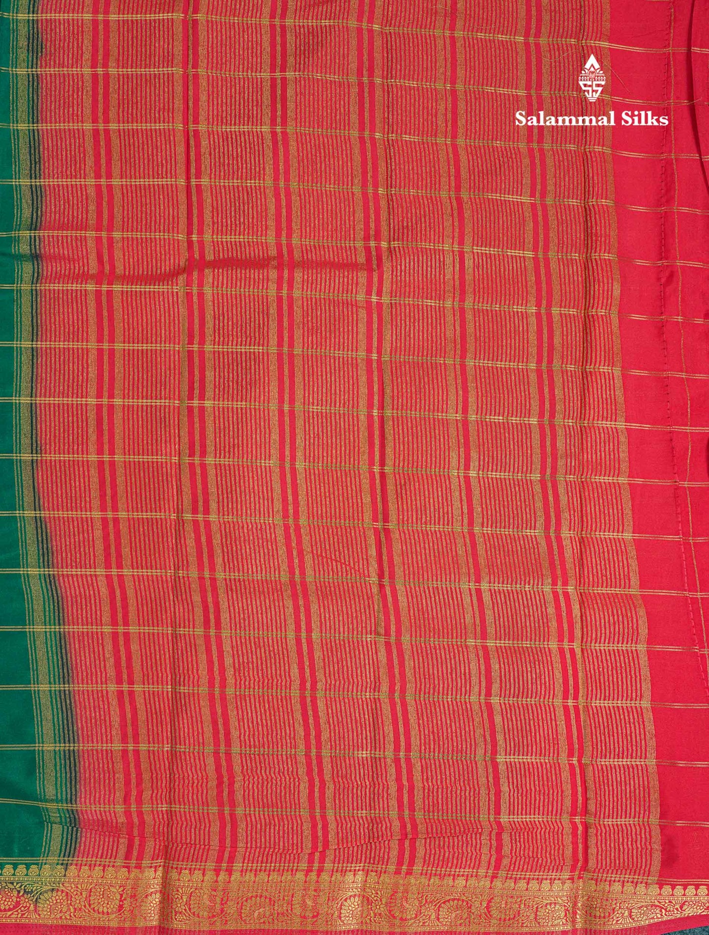Beautiful Chilly Red Zari Checks Semi Mysore Silk Saree With Contrast Green Small Traditional Border