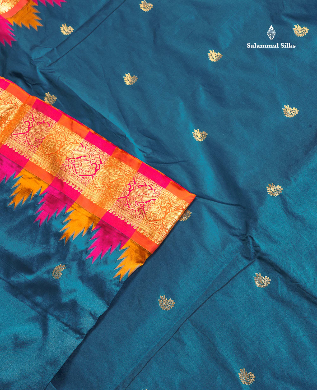 Semi Silk Saree - Petrol Blue Colour Body Zari Butta With Temple Border | 9.5 Yards