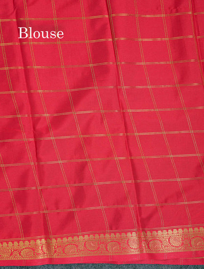 Beautiful Chilly Red Zari Checks Semi Mysore Silk Saree With Contrast Green Small Traditional Border