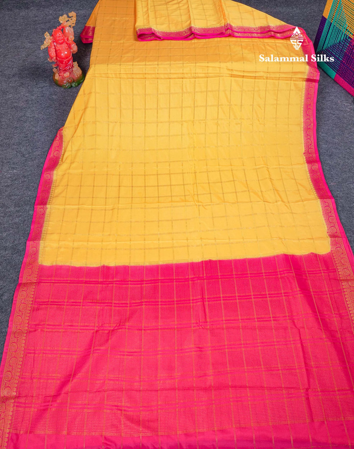 Beautiful Chilly Red Zari Checks Semi Mysore Silk Saree With Contrast Green Small Traditional Border