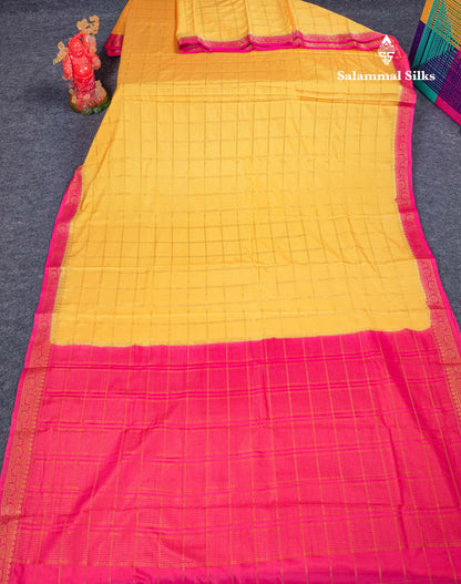 Beautiful Chilly Red Zari Checks Semi Mysore Silk Saree With Contrast Green Small Traditional Border