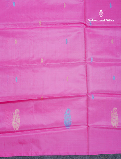 Pink Thread work Buttas Banana Pinth Saree (Vaazhainaar Pattu) With Contrast Light Blue Blouse