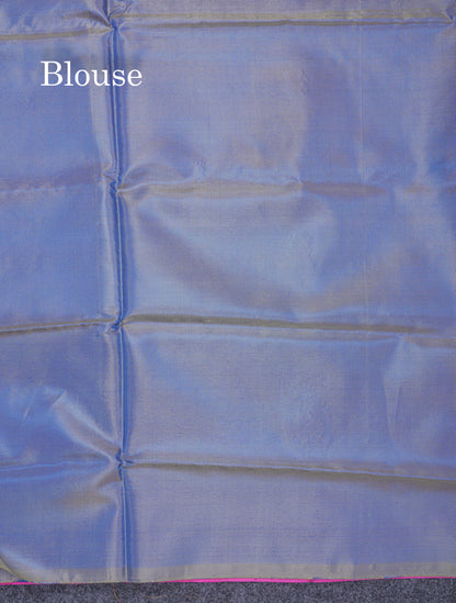 Pink Thread work Buttas Banana Pinth Saree (Vaazhainaar Pattu) With Contrast Light Blue Blouse