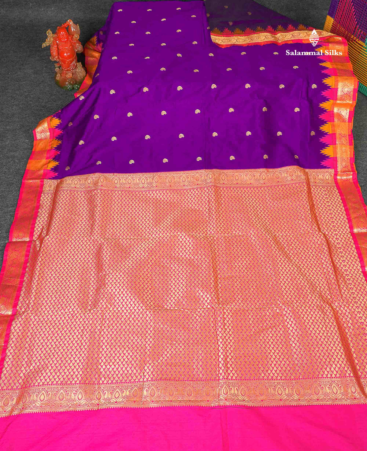 Semi Silk Saree - Plum Colour Body Zari Butta With Temple Border | 9.5 Yards