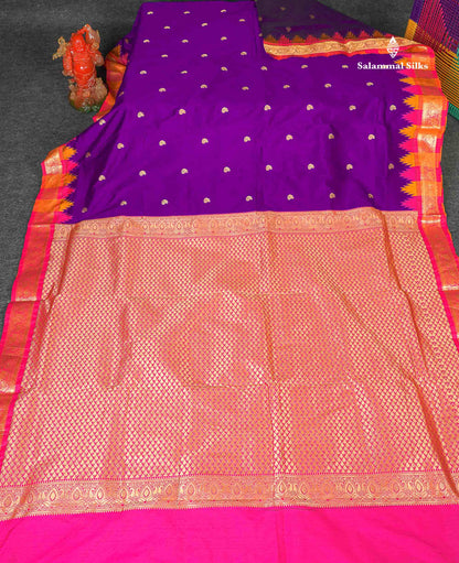 Semi Silk Saree - Plum Colour Body Zari Butta With Temple Border | 9.5 Yards