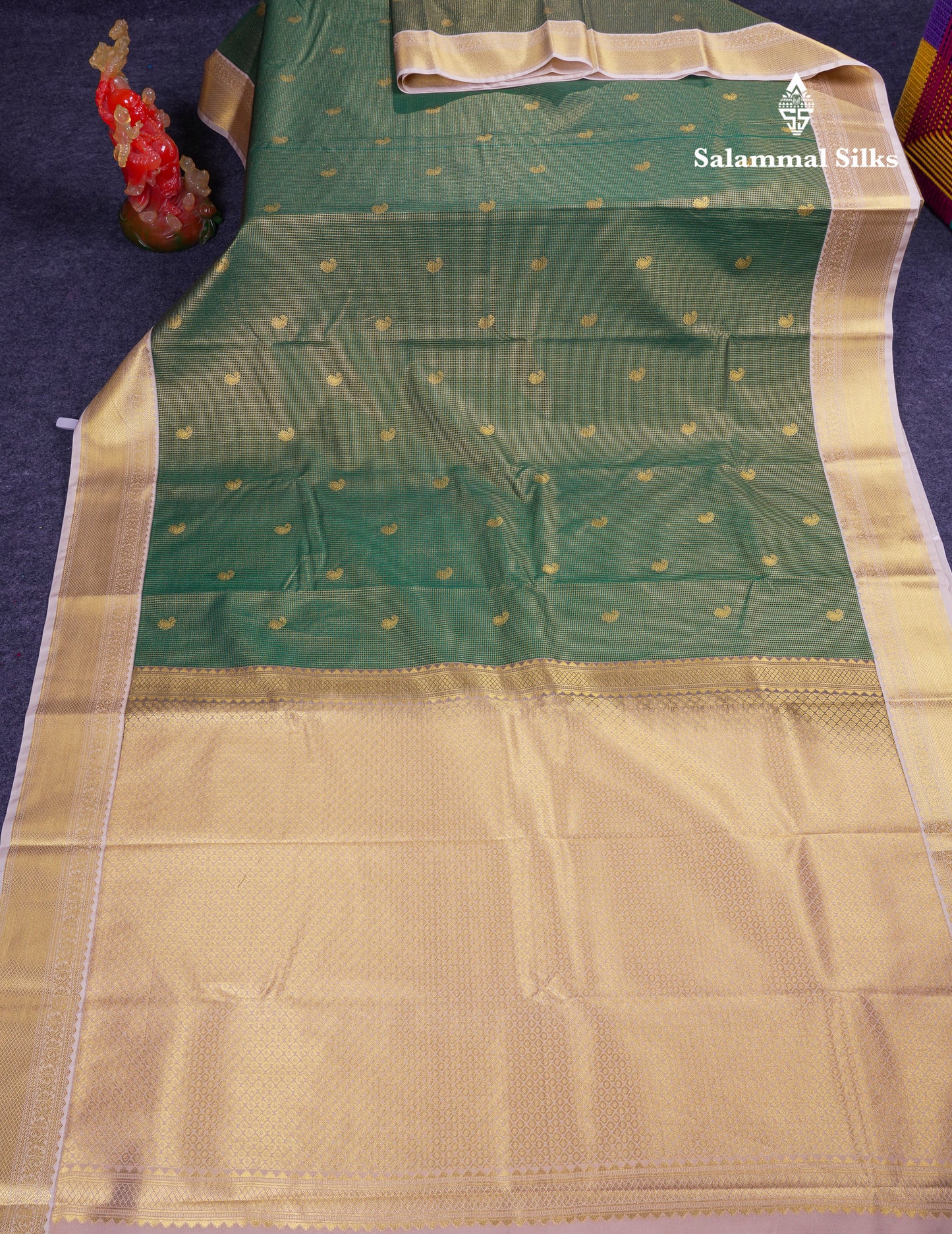 Beautiful Bottle Green Tiny Vaira Oosi Checks With Butta Semi Silk Saree With Contrast Cream Sandal Traditional Border
