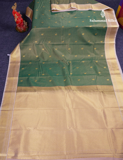 Beautiful Bottle Green Tiny Vaira Oosi Checks With Butta Semi Silk Saree With Contrast Cream Sandal Traditional Border