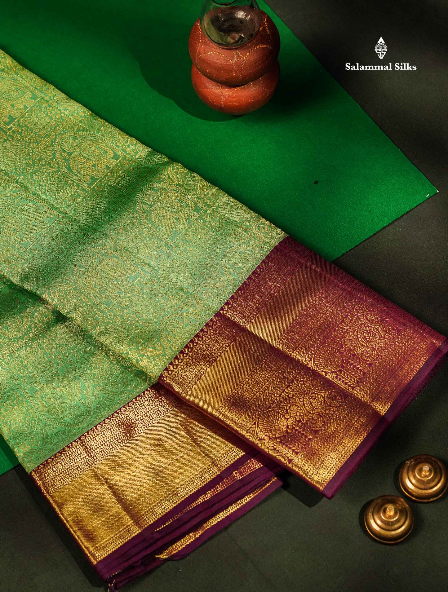 Pure Mix Silk Saree - Rexona Green Bridal Along With Contrast Dark Purple Traditional Evening Morning Border