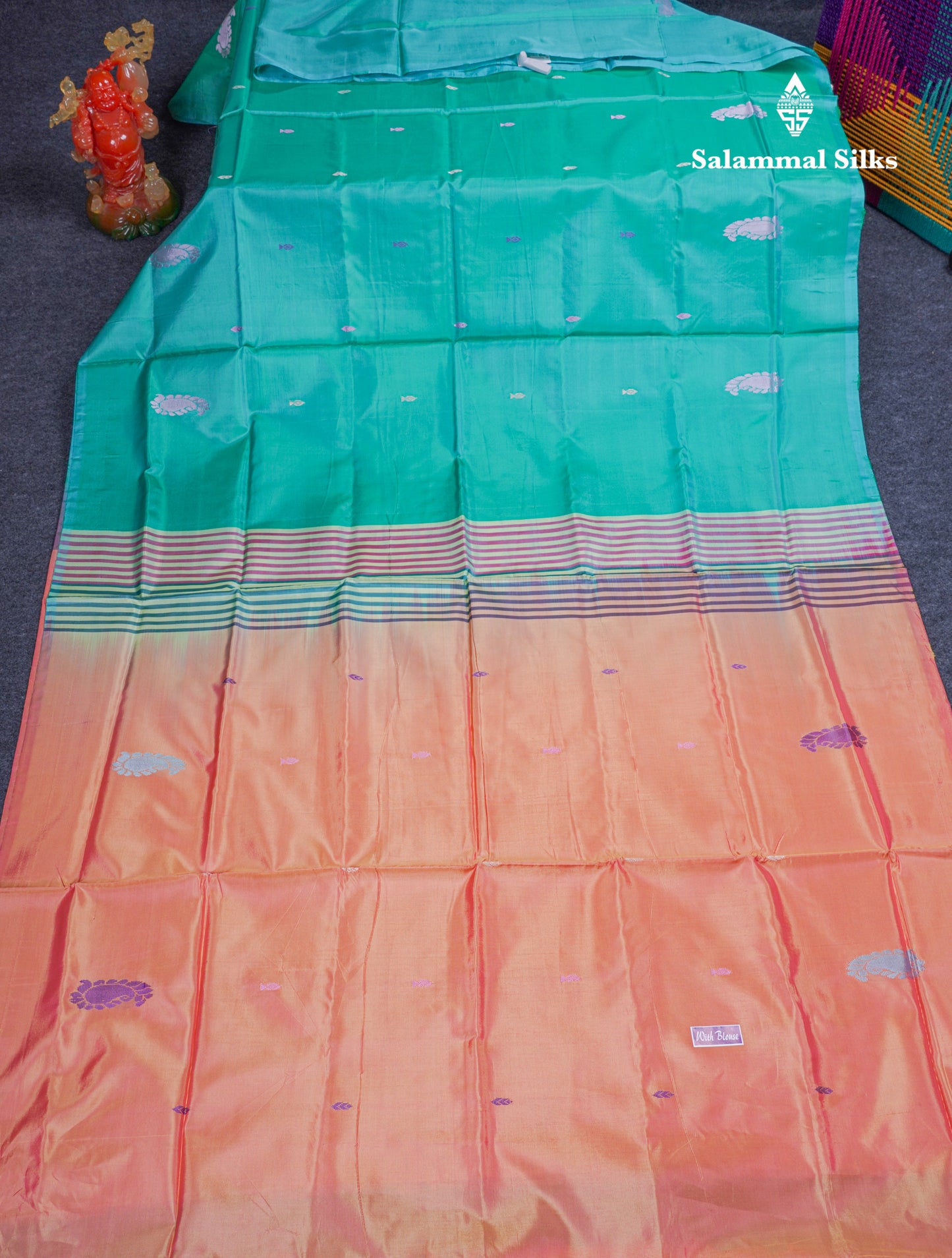 Sapphire Blue Thread work Buttas Banana Pinth Saree (Vaazhainaar Pattu) With Contrast Pinkish Orange Blouse