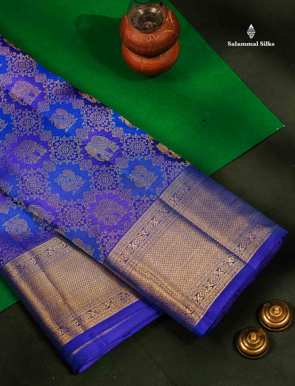2G Zari Bridal Pure Kanjivaram Silk Saree - Dual Tone Royal Blue Mayil & Elephant Motifs With Traditional Border
