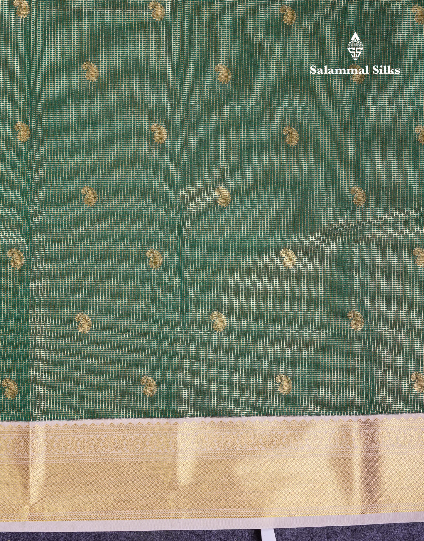 Beautiful Bottle Green Tiny Vaira Oosi Checks With Butta Semi Silk Saree With Contrast Cream Sandal Traditional Border