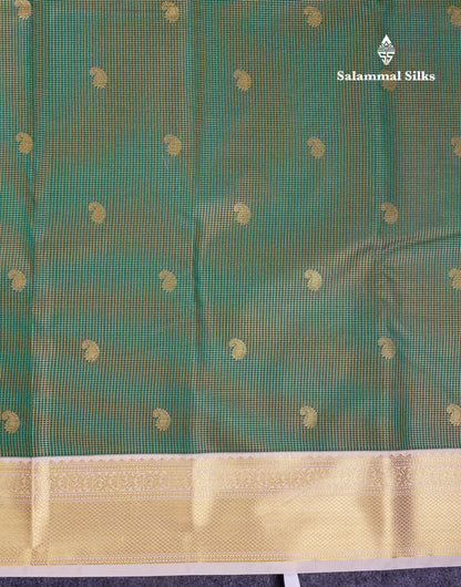 Beautiful Bottle Green Tiny Vaira Oosi Checks With Butta Semi Silk Saree With Contrast Cream Sandal Traditional Border