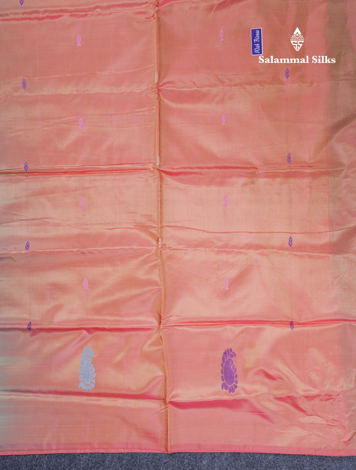 Sapphire Blue Thread work Buttas Banana Pinth Saree (Vaazhainaar Pattu) With Contrast Pinkish Orange Blouse