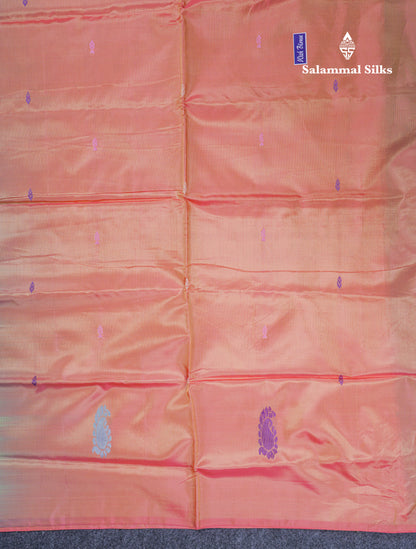Sapphire Blue Thread work Buttas Banana Pinth Saree (Vaazhainaar Pattu) With Contrast Pinkish Orange Blouse