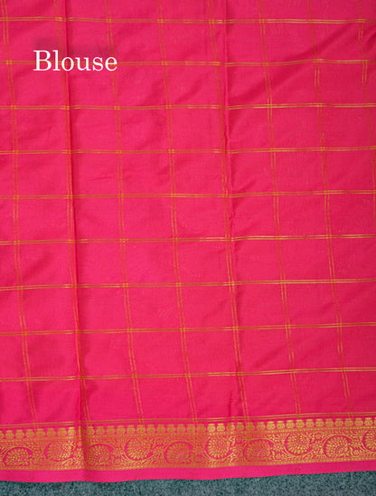Beautiful Chilly Red Zari Checks Semi Mysore Silk Saree With Contrast Green Small Traditional Border
