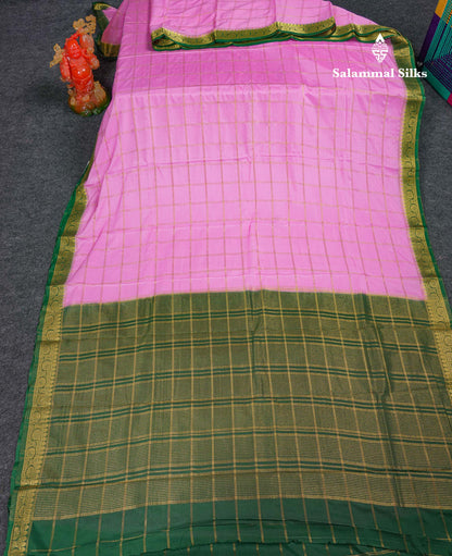 Beautiful Chilly Red Zari Checks Semi Mysore Silk Saree With Contrast Green Small Traditional Border
