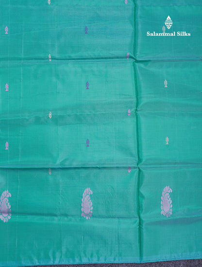 Sapphire Blue Thread work Buttas Banana Pinth Saree (Vaazhainaar Pattu) With Contrast Pinkish Orange Blouse