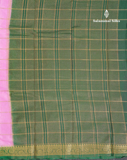 Beautiful Chilly Red Zari Checks Semi Mysore Silk Saree With Contrast Green Small Traditional Border