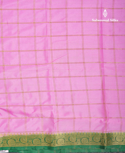 Beautiful Chilly Red Zari Checks Semi Mysore Silk Saree With Contrast Green Small Traditional Border