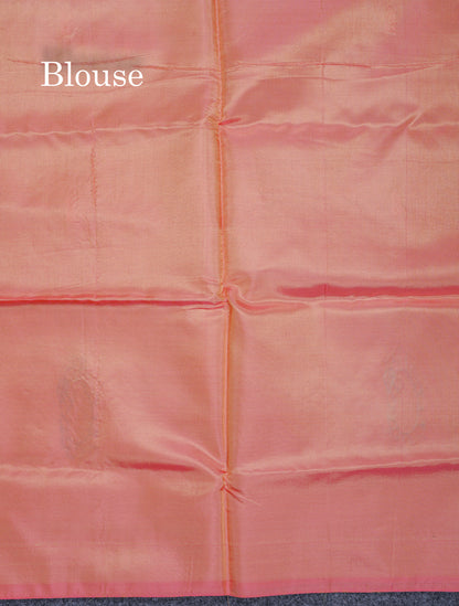 Sapphire Blue Thread work Buttas Banana Pinth Saree (Vaazhainaar Pattu) With Contrast Pinkish Orange Blouse