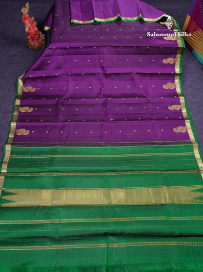 Beautiful Dark Purple Pure Kanjivaram Silk Saree With Contrast Bottle Green Traditional Small Border
