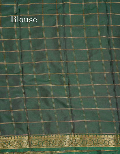 Beautiful Chilly Red Zari Checks Semi Mysore Silk Saree With Contrast Green Small Traditional Border