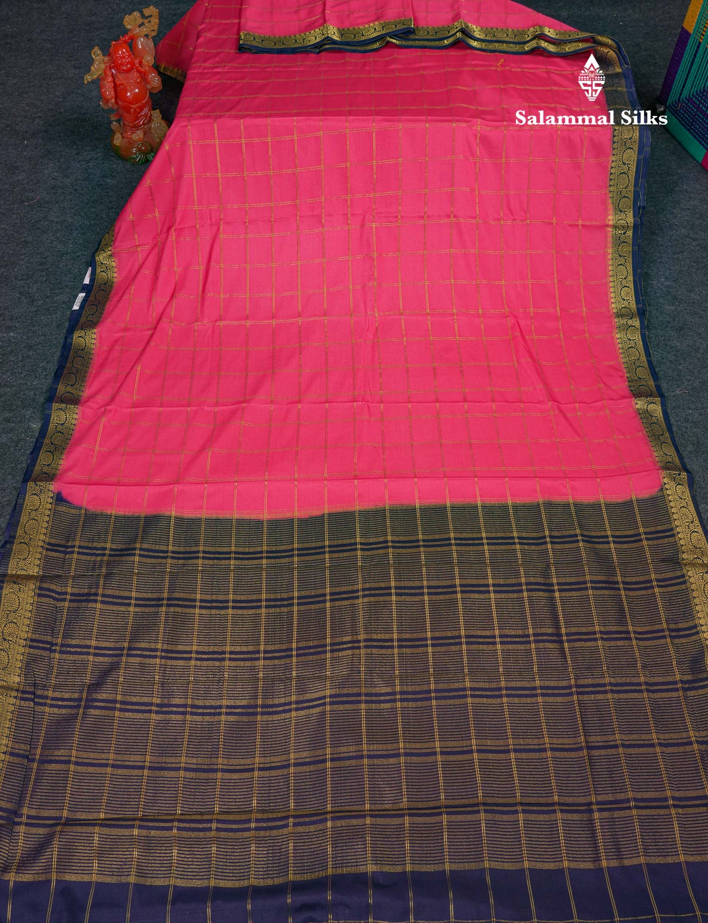 Beautiful Chilly Red Zari Checks Semi Mysore Silk Saree With Contrast Green Small Traditional Border