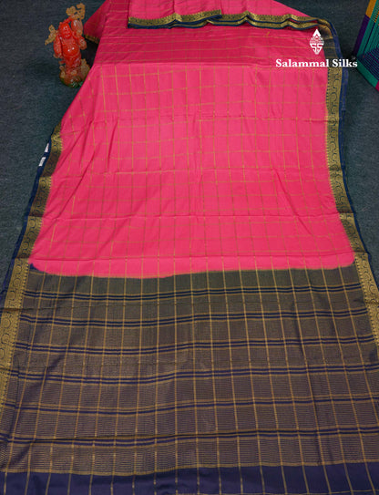 Beautiful Chilly Red Zari Checks Semi Mysore Silk Saree With Contrast Green Small Traditional Border