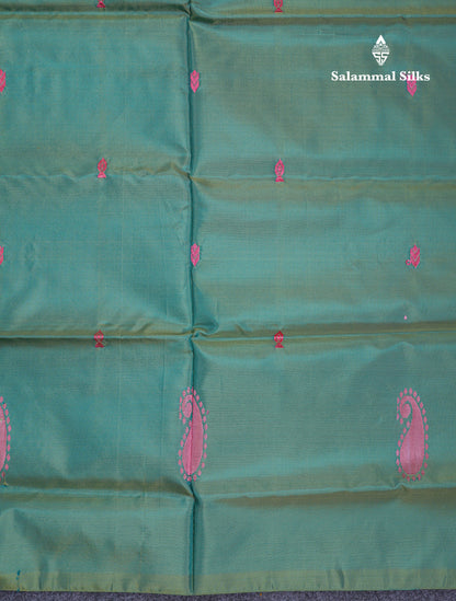 Green Shade Thread work Buttas Banana Pinth Saree (Vaazhainaar Pattu) With Contrast Light Peach Blouse