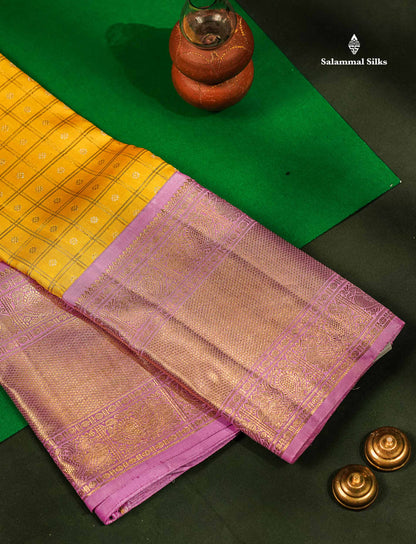 2G Zari Yellow Zari Checks Kanjivaram Silk Saree with Contrast Lavender Long Border