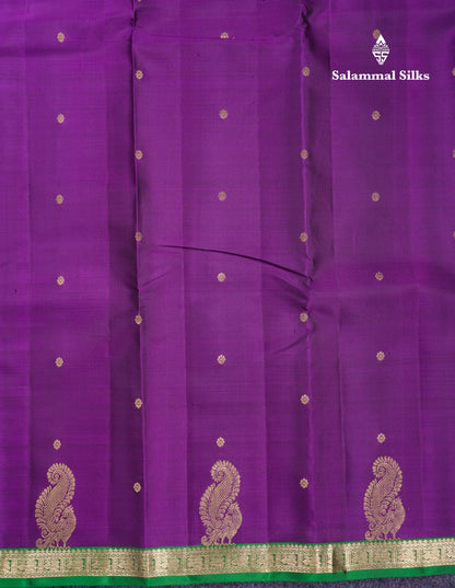 Beautiful Dark Purple Pure Kanjivaram Silk Saree With Contrast Bottle Green Traditional Small Border