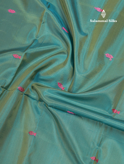 Green Shade Thread work Buttas Banana Pinth Saree (Vaazhainaar Pattu) With Contrast Light Peach Blouse