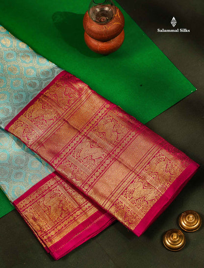 2G Zari Light Ramar Blue Kanjivaram Silk Saree with Contrast Magenta Long Border
