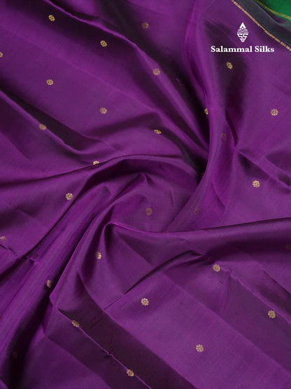 Beautiful Dark Purple Pure Kanjivaram Silk Saree With Contrast Bottle Green Traditional Small Border