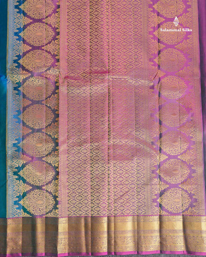 Pure Kanjivaram Silk Saree - Dual Tone Peacock Blue Colour Body With Traditional Border
