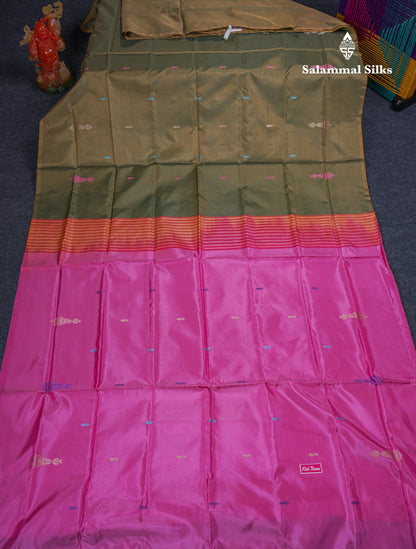 Olive Green Thread work Buttas Banana Pinth Saree (Vaazhainaar Pattu) With Contrast Pink Blouse