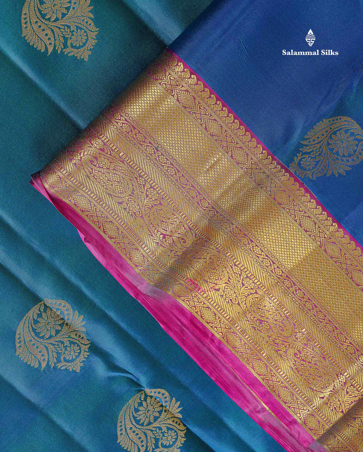 Pure Kanjivaram Silk Saree - Dual Tone Peacock Blue Colour Body With Traditional Border