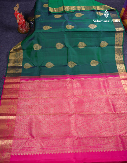 Beautiful Dual Tone Peacock Green Pure Kanjivaram Silk Saree With Contrast Pink Blouse